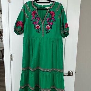 Boden Green Maxi Dress with Pink Floral Embroidery